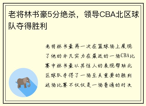 老将林书豪5分绝杀，领导CBA北区球队夺得胜利